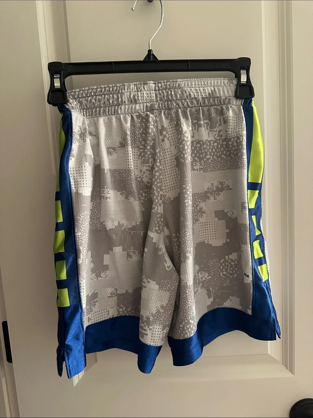 Nike Youth Grey Digital Camo Shorts with Blue Trim and Neon Accent